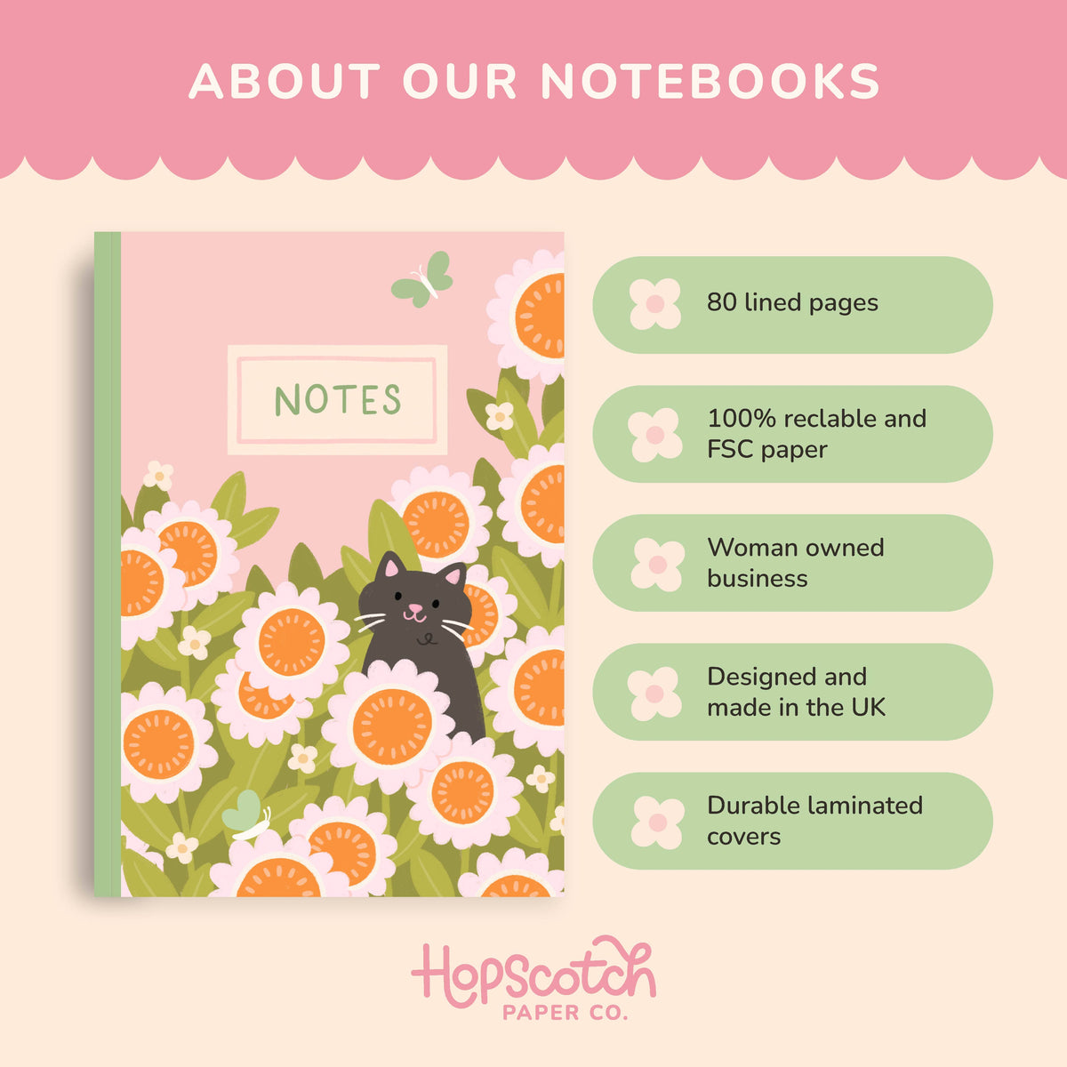 Cat & Flowers Notebook – A5 Journal with 80 Lined Pages
