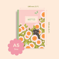 Cat & Flowers Notebook – A5 Journal with 80 Lined Pages