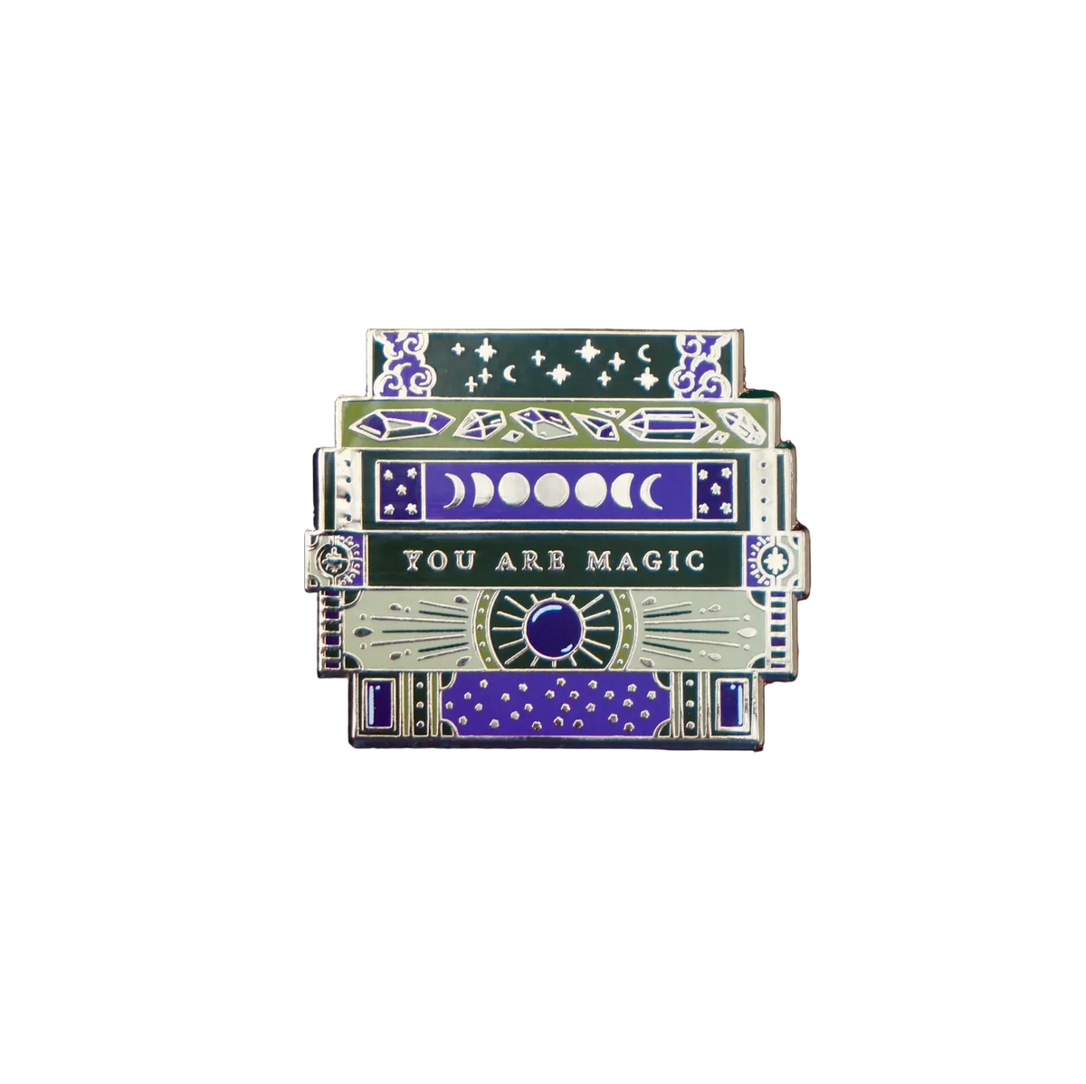 Green magical book stack enamel pin