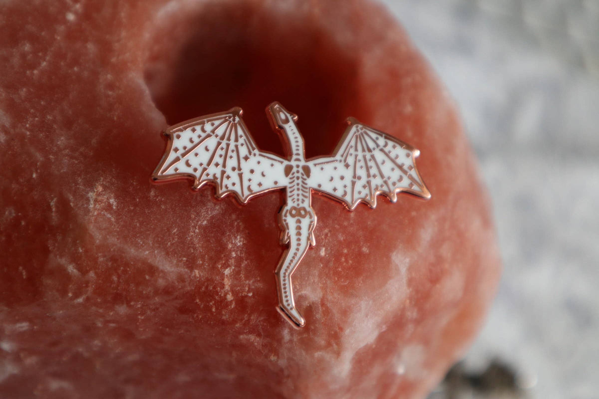 GLOW IN THE DARK White Skeleton Dragon Enamel Pin
